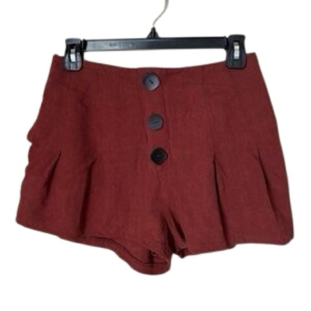 Vestique Women's Button Front Pleated High Rise Linen Shorts in Rust Size Medium
